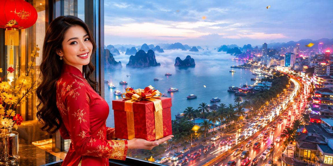 Cảnh vịnh Hạ Long ban đêm với ánh đèn neon và màn hình hiển thị kết quả xổ số trực tuyến