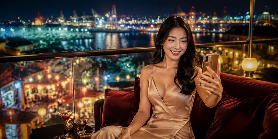 Người dùng Hải Phòng chơi casino trên điện thoại tại chợ đêm với ánh đèn neon rực rỡ